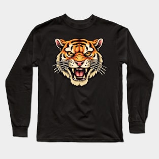 Old School Roaring Tiger Mascot Flash Tattoo Long Sleeve T-Shirt